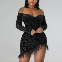 Solid Off Shoulder Long Sleeve Feather Design Bodycon Dress