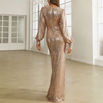 Sequins V-Neck Long Sleeve Ruched High Slit Maxi Evening Dress
