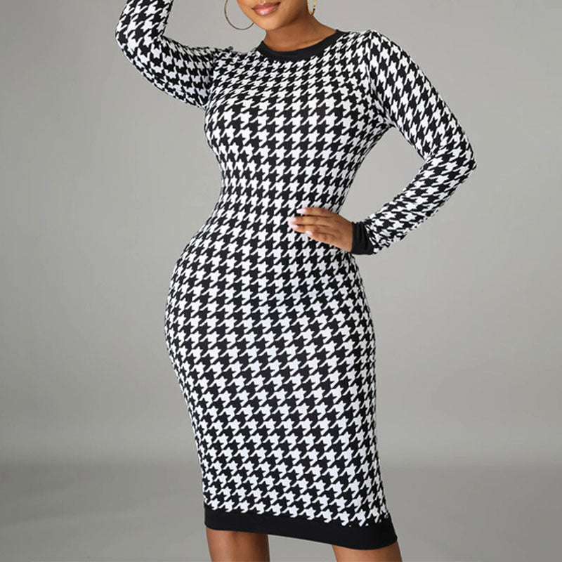 Houndstooth Pattern Round Nack Long Sleeve Back Cut Out Bodycon Dress