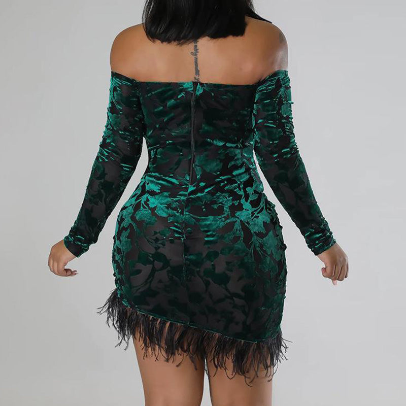 Solid Off Shoulder Long Sleeve Feather Design Bodycon Dress