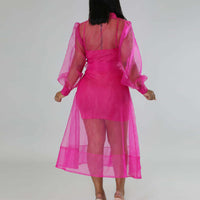 Solid Long Sleeve Sheer Mesh 2PCS Dress Set
