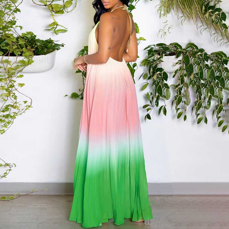 Gradient Halter Backless Pleated Maxi Dress