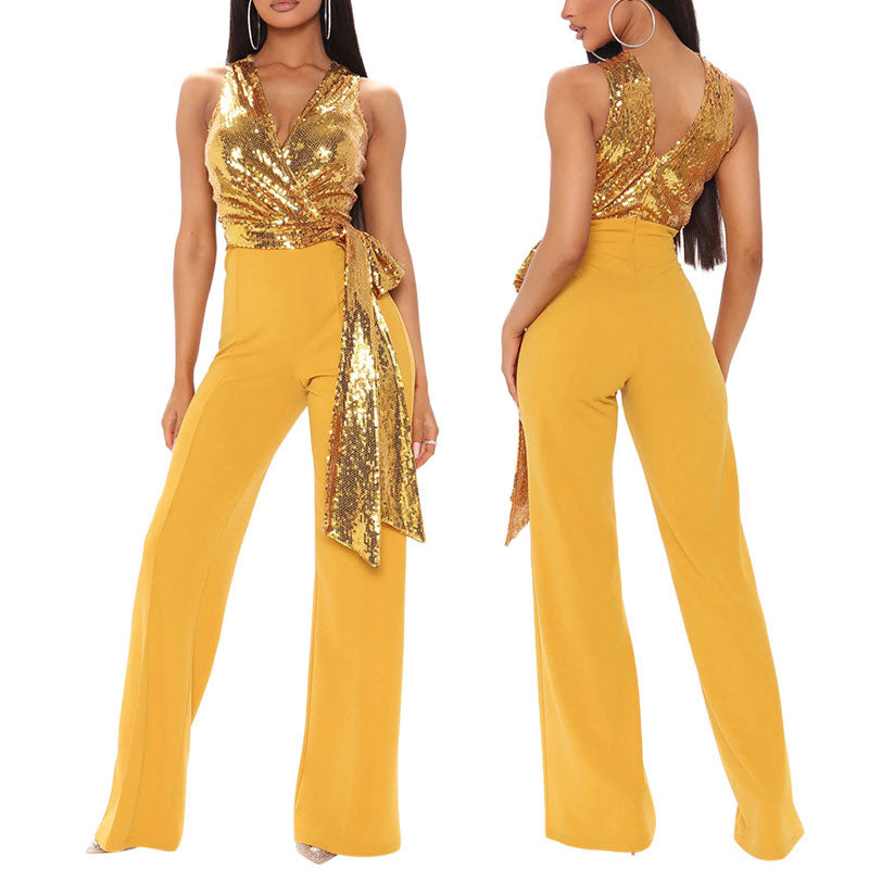 Sequins Deep V-Neck Sleeveless Knotted Jumpsuit