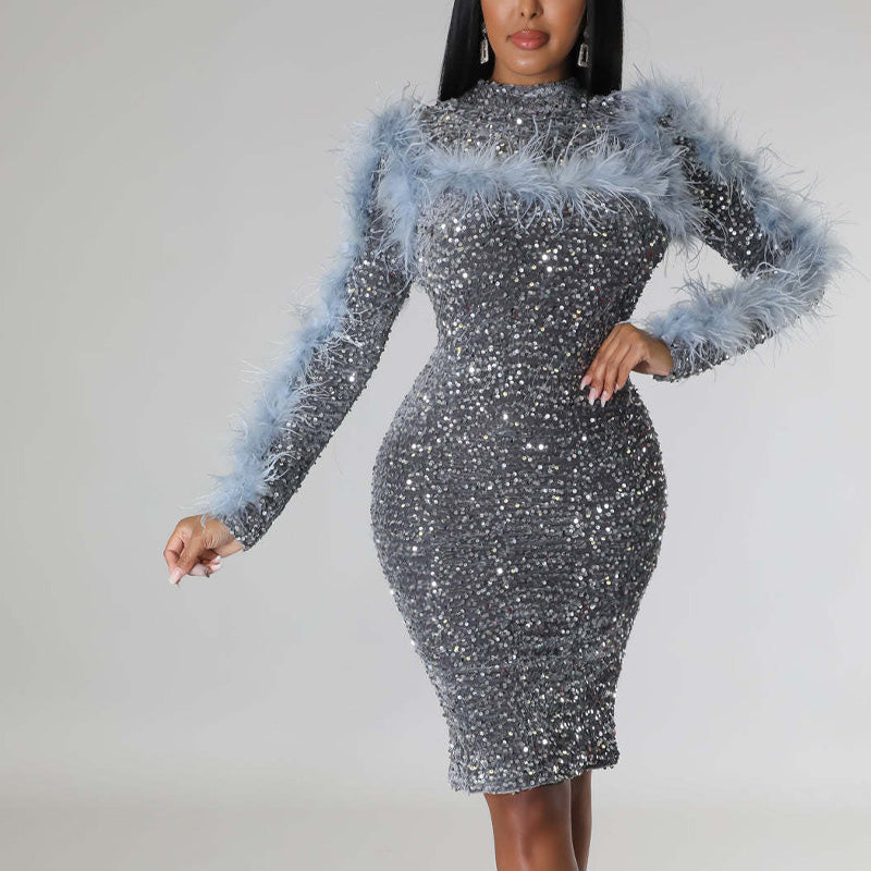 Sequins Feather Design Long Sleeve Bodycon Dress