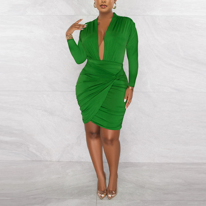 Solid Deep V-Neck Long Sleeve Ruched Bodycon Dress