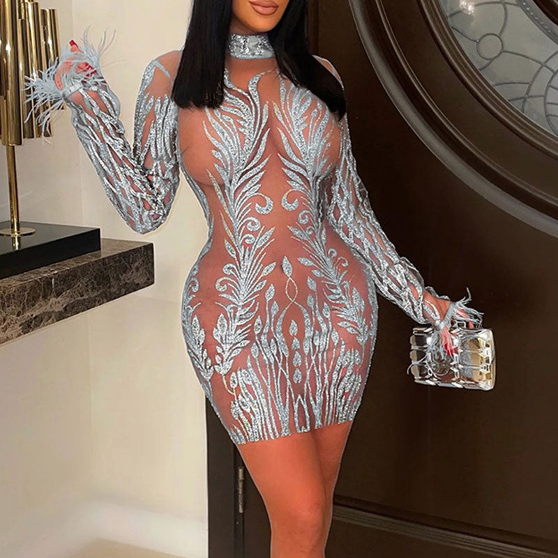 Sequins Long Sleeve Feather Design Mesh Bodycon Dress
