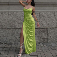 Solid High Slit Ruched Spaghetti StraP Maxi Dress