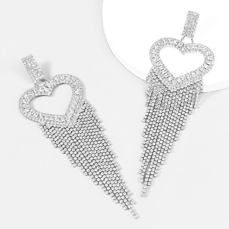 Diamond Heart Tassel Earrings