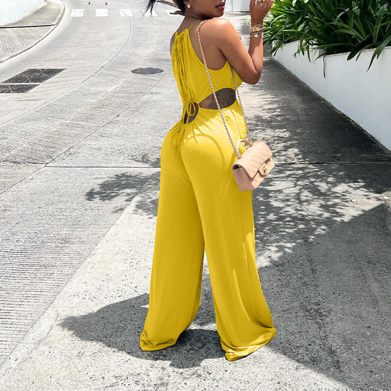 Solid Sleeveless Cut Out Wide Leg Jumpsuit