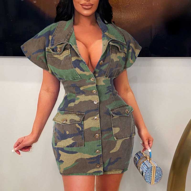Camouflage Print Deep V-Neck Collared Bodycon Dress