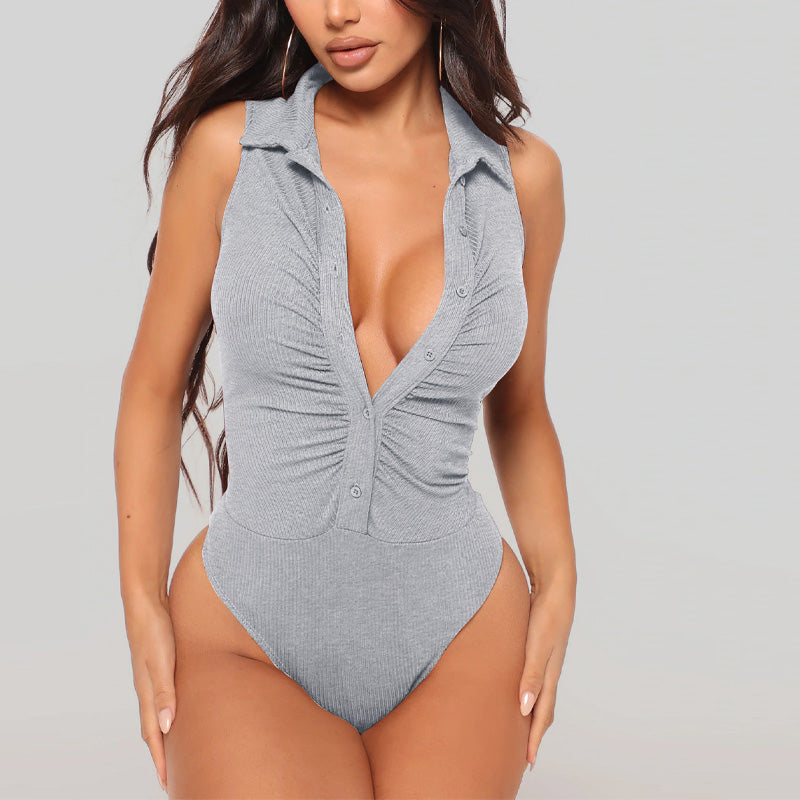 Solid Sleeveless Button Detailed Bodysuit