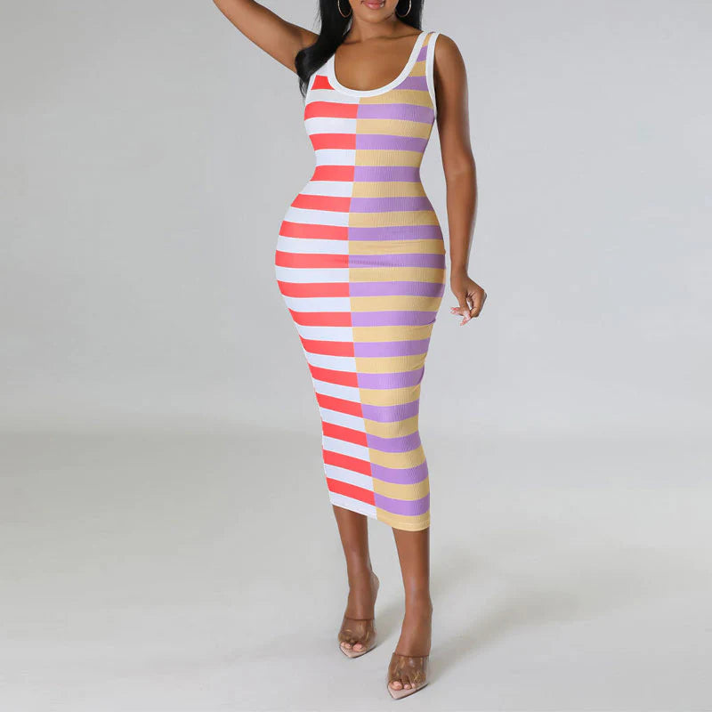 Colorblock Striped Sleeveless Midi Dress