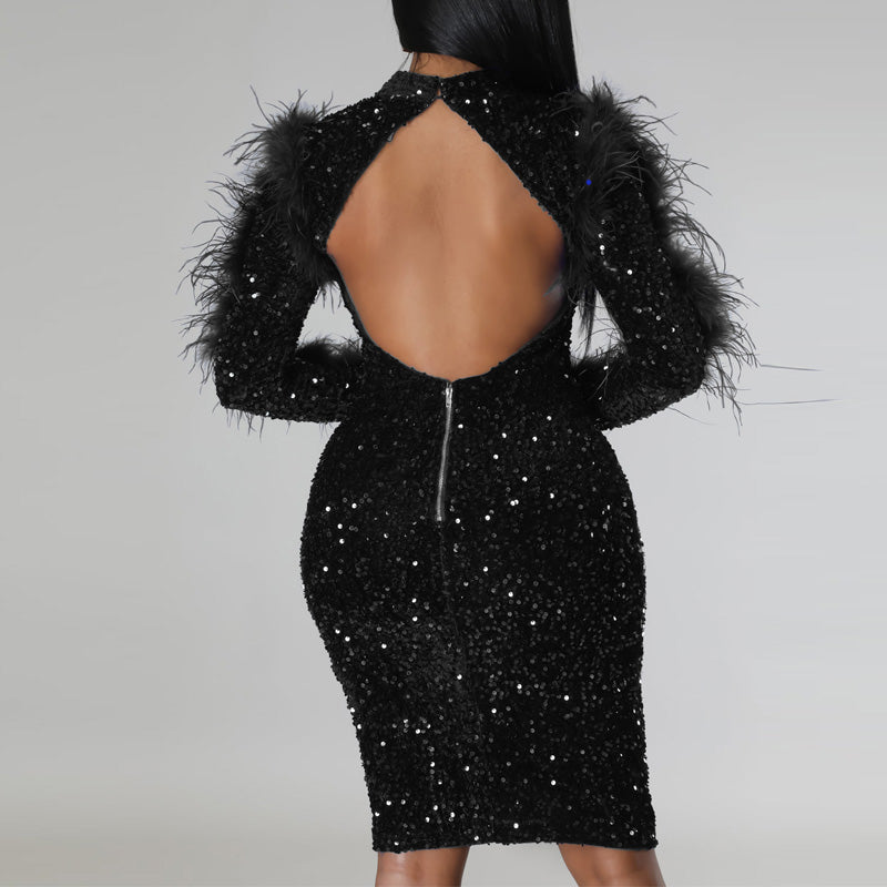 Sequins Feather Design Long Sleeve Bodycon Dress