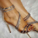 Rhinestone Pointed Toe Ankle Strap Thin Heeled Sandals