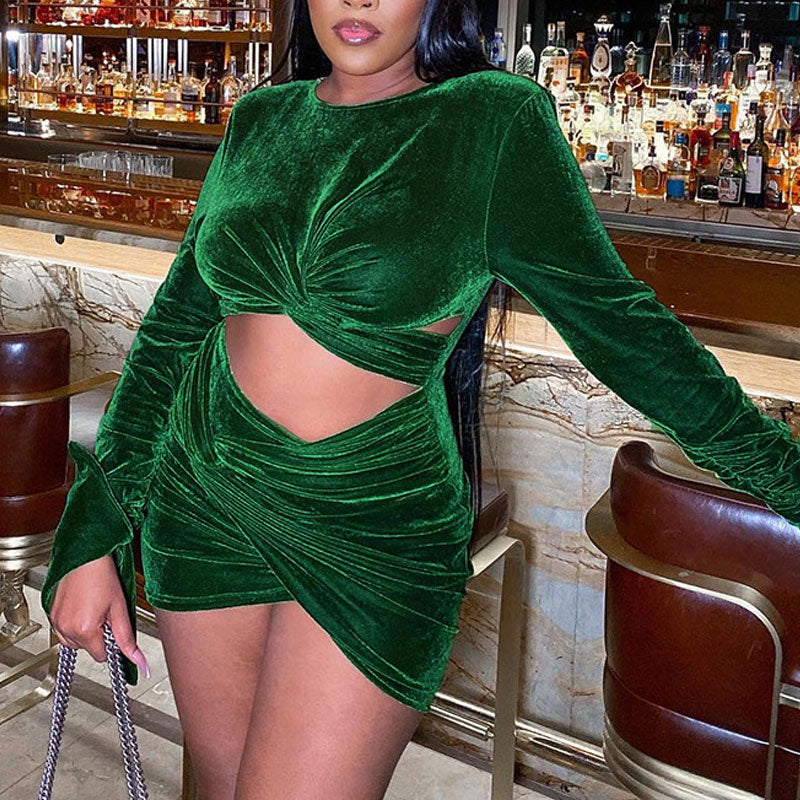 Velvet Long Sleeve Cut Out Ruched Bodycon Dress