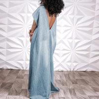 Denim Back V-Shaped Short Sleeve Maxi Dress