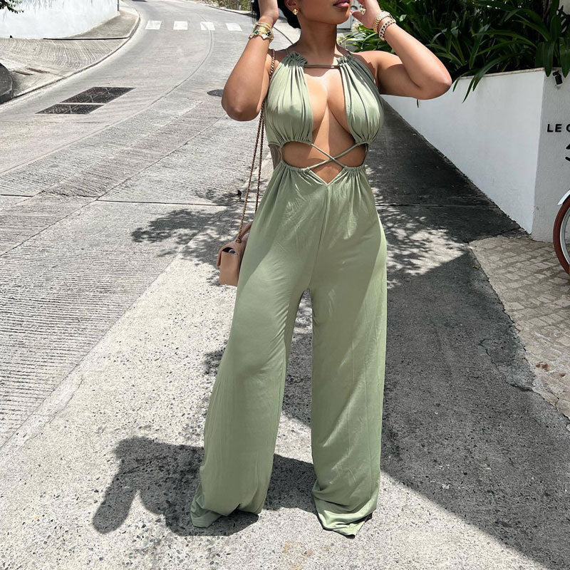 Solid Sleeveless Cut Out Wide Leg Jumpsuit