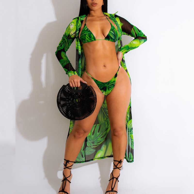 Print Sheer Mesh Bikini Set With Cover Up