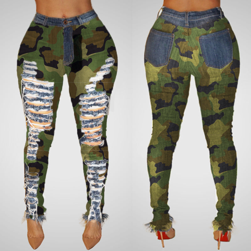 Camouflage Print Cut Out Frayed Skinny Jeans
