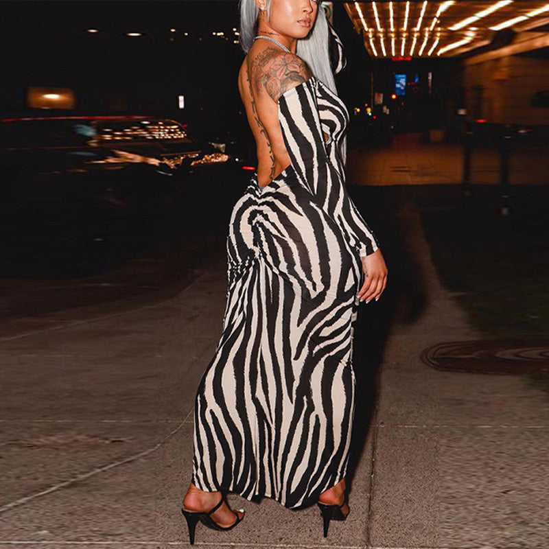 Zebra Print Off Shoulder Long Sleeve Midi Dress