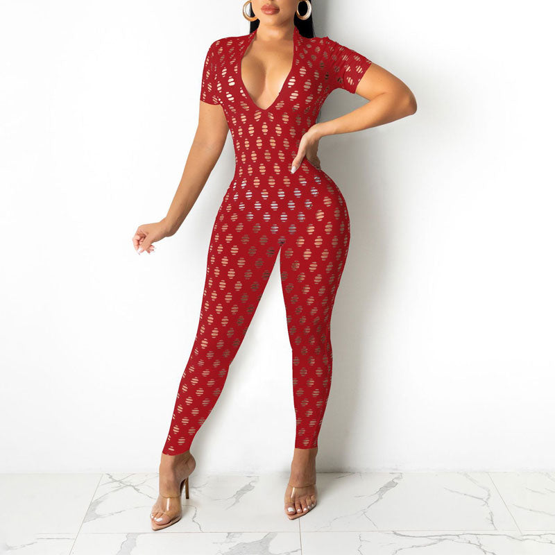 Solid Deep V-Neck Short Sleeve Hollow Out Jumpsuit
