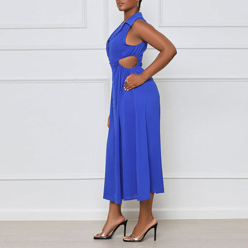 Solid V-Neck Sleeveless Cut Out Slit Maxi Dress