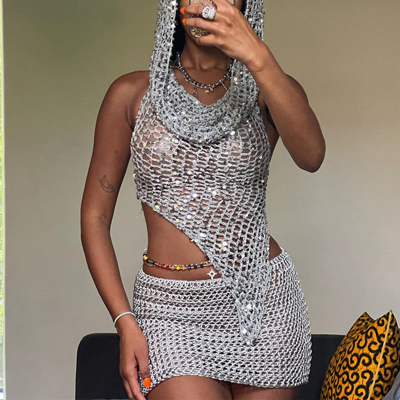 Sequins Hollow Out Hoodie 2PCS Skirt Set