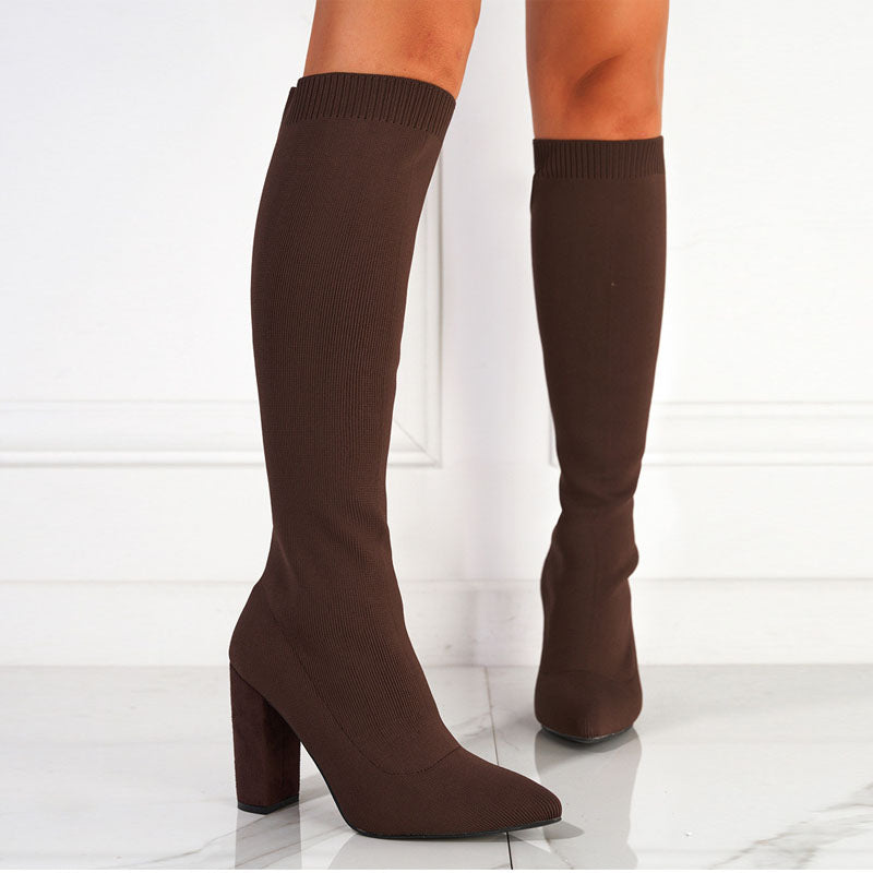 Solid Elastic Knitted Chunky Heeled Boots