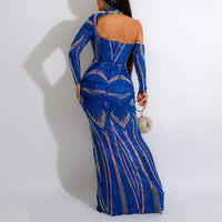 Sequins Halter Long Sleeve Lace Patchwork Evening Dress