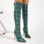 Snakeskin Pointed Toe Thin Heeled Knee-High Boots