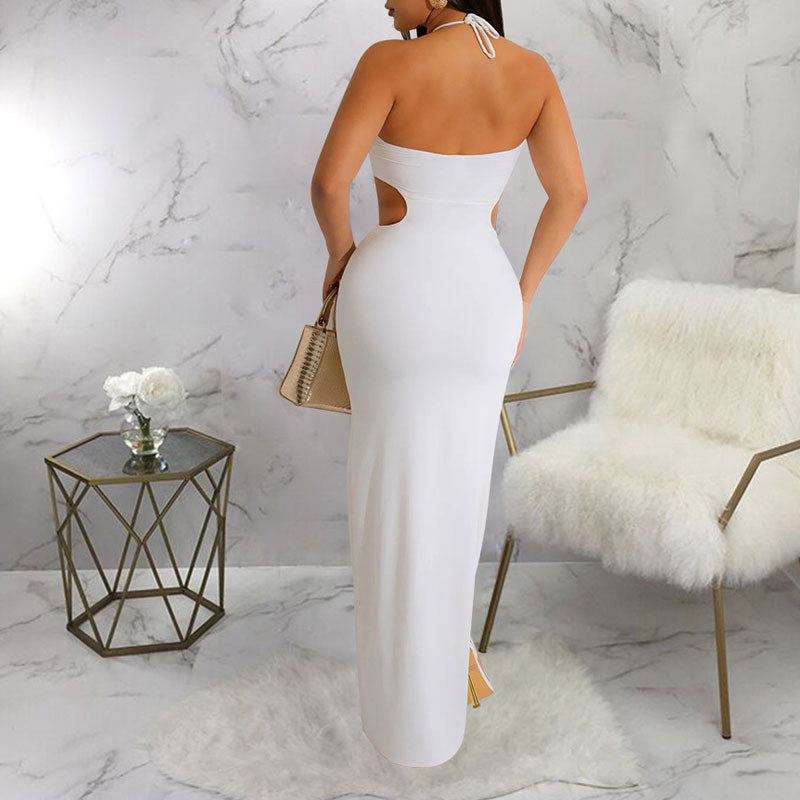 Solid Halter Sleeveless Cut Out High Slit Party Dress