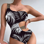 Leaf Print One Shoulder Hollow Out One Piece Swimsuit