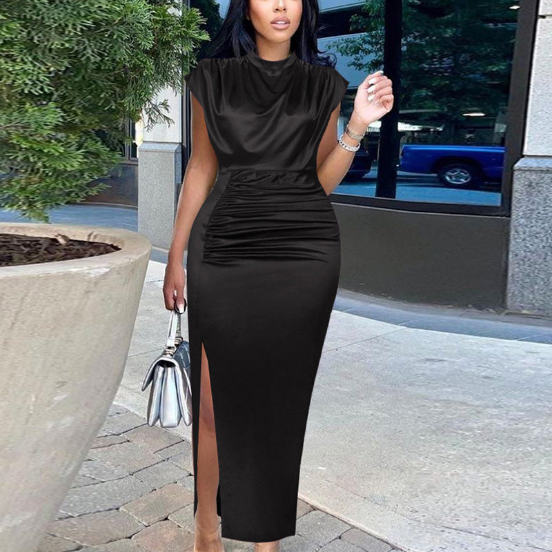Solid Sleeveless Ruched High Slit Maxi Dress