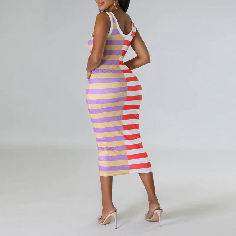 Colorblock Striped Sleeveless Midi Dress