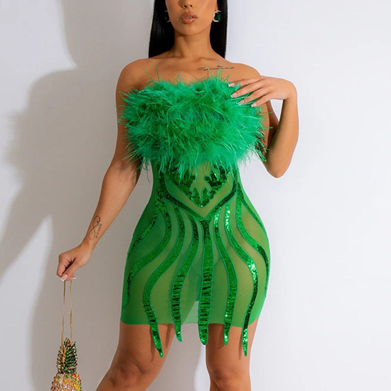 Sequins Feather Design Mesh Bandeau Bodycon Dress