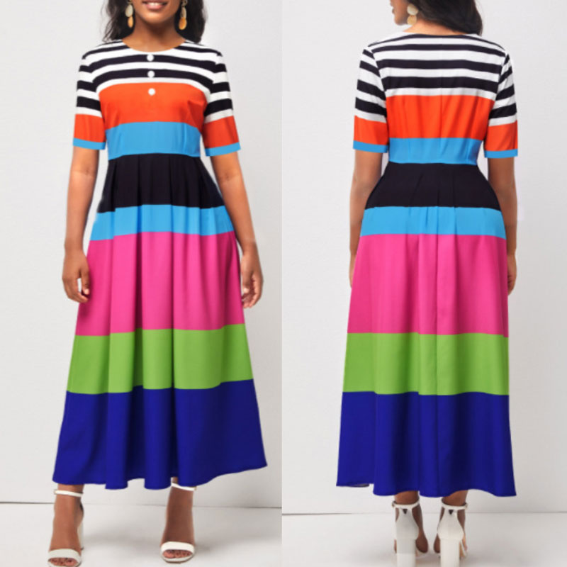 Colorful Striped Short Sleeve Maxi Dress