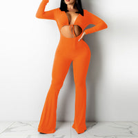Solid V-Neck Long Sleeve Cut Out Bell Bottomed Jumpsuit