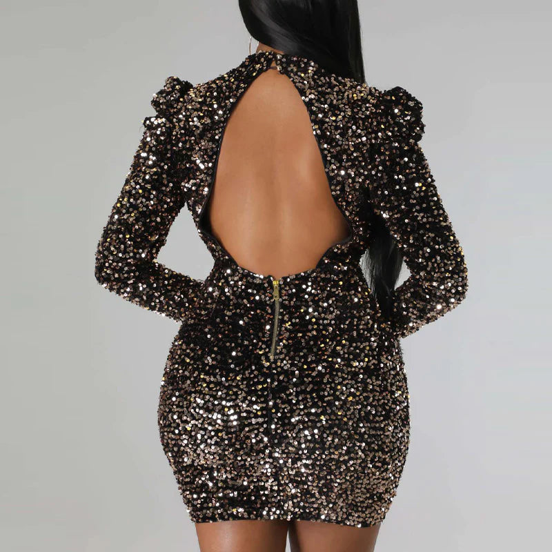 Sequins Feather Design Long Sleeve Backless Bodycon Dress