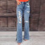 Solid High Waist Cut Out Slit Jeans