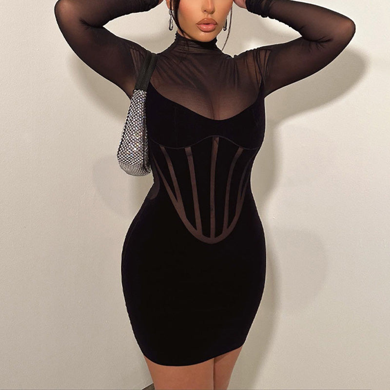 Solid Sheer Mesh Patchwork Bodycon Dress