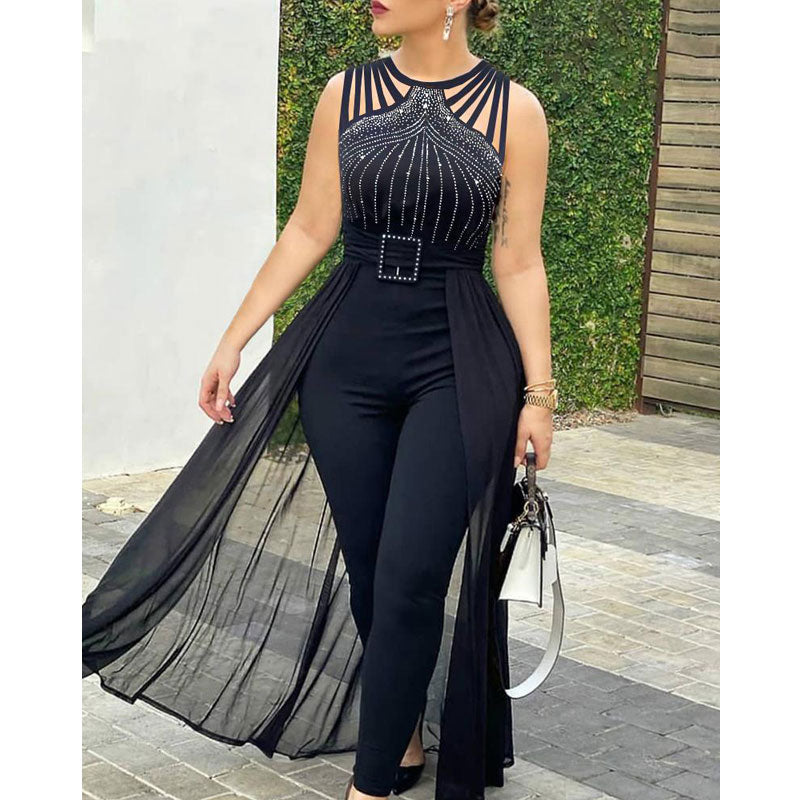 Rhinestone Sleeveless Cut Out Sheer Mesh Patchwork Jumpsuit