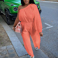 Solid One Shoulder Long Sleeve Casual Jumpsuit
