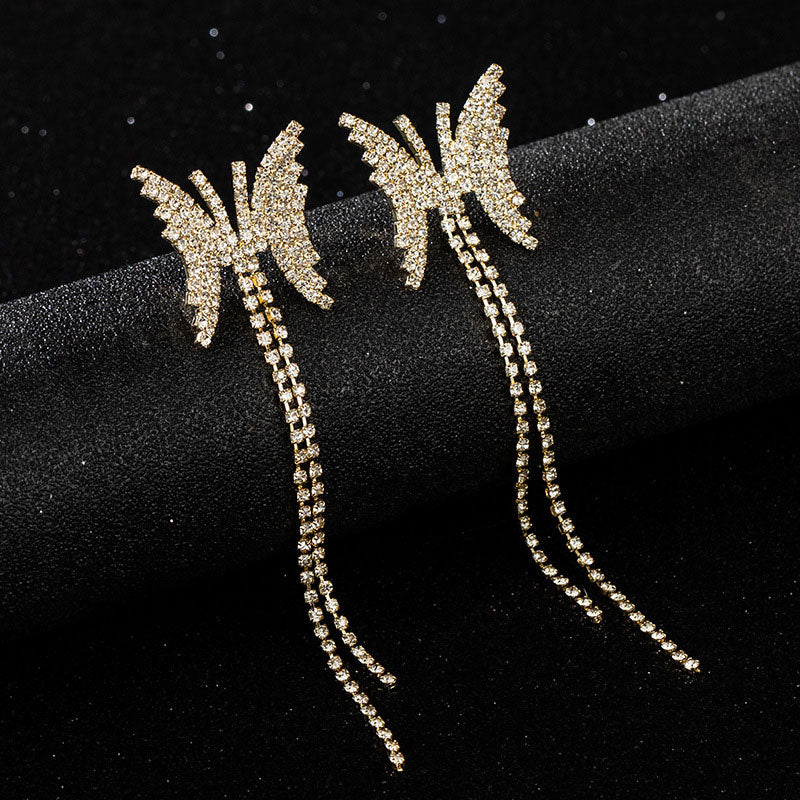 Rhinestone Butterfly Pattern Tassel Design Earrings