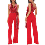 Sequins Deep V-Neck Sleeveless Knotted Jumpsuit