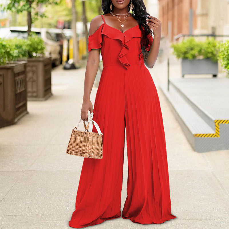 Solid Cold Shoulder Ruffle Design Pleated Wide Leg Jumpsuit