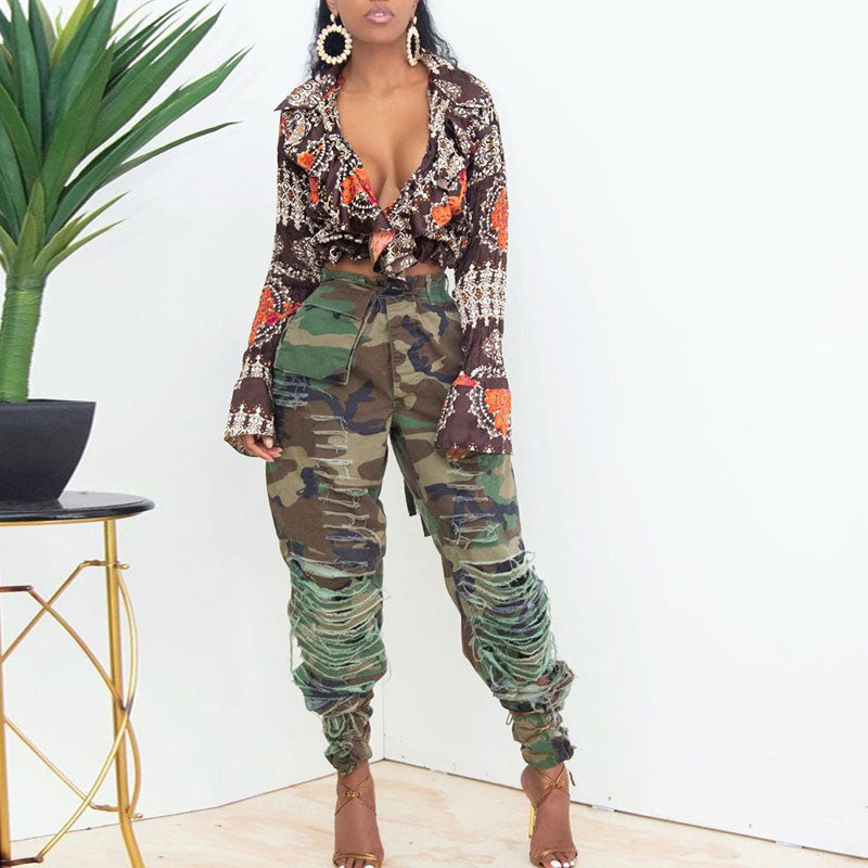 Camouflage High Waist Pocket Design Cut Out Casual Pants