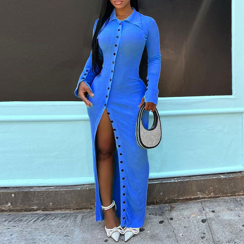 Solid Long Sleeve Button Detailed High Slit Maxi Dress