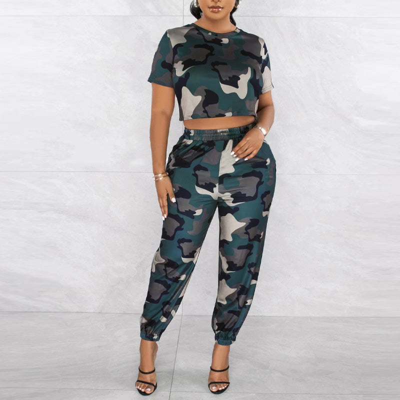 Camouflage Print Short Sleeve Crop Top & Pants Set