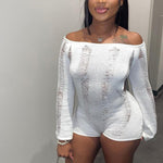 Solid Off Shoulder Cut Out Knitted Romper