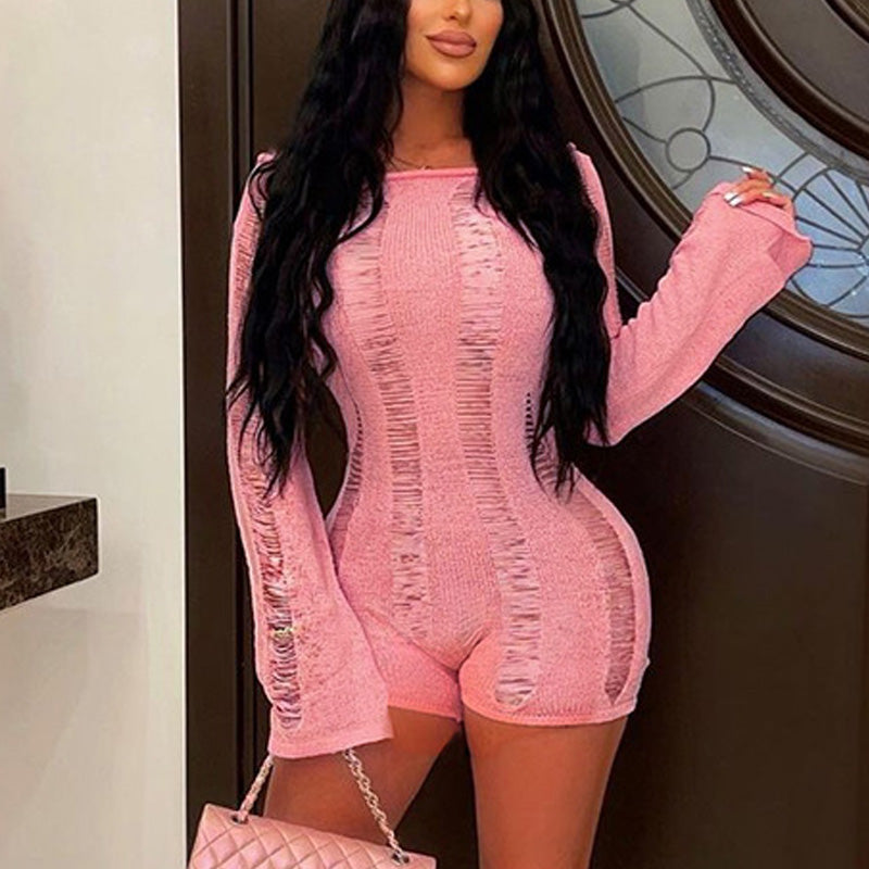 Solid Off Shoulder Cut Out Knitted Romper